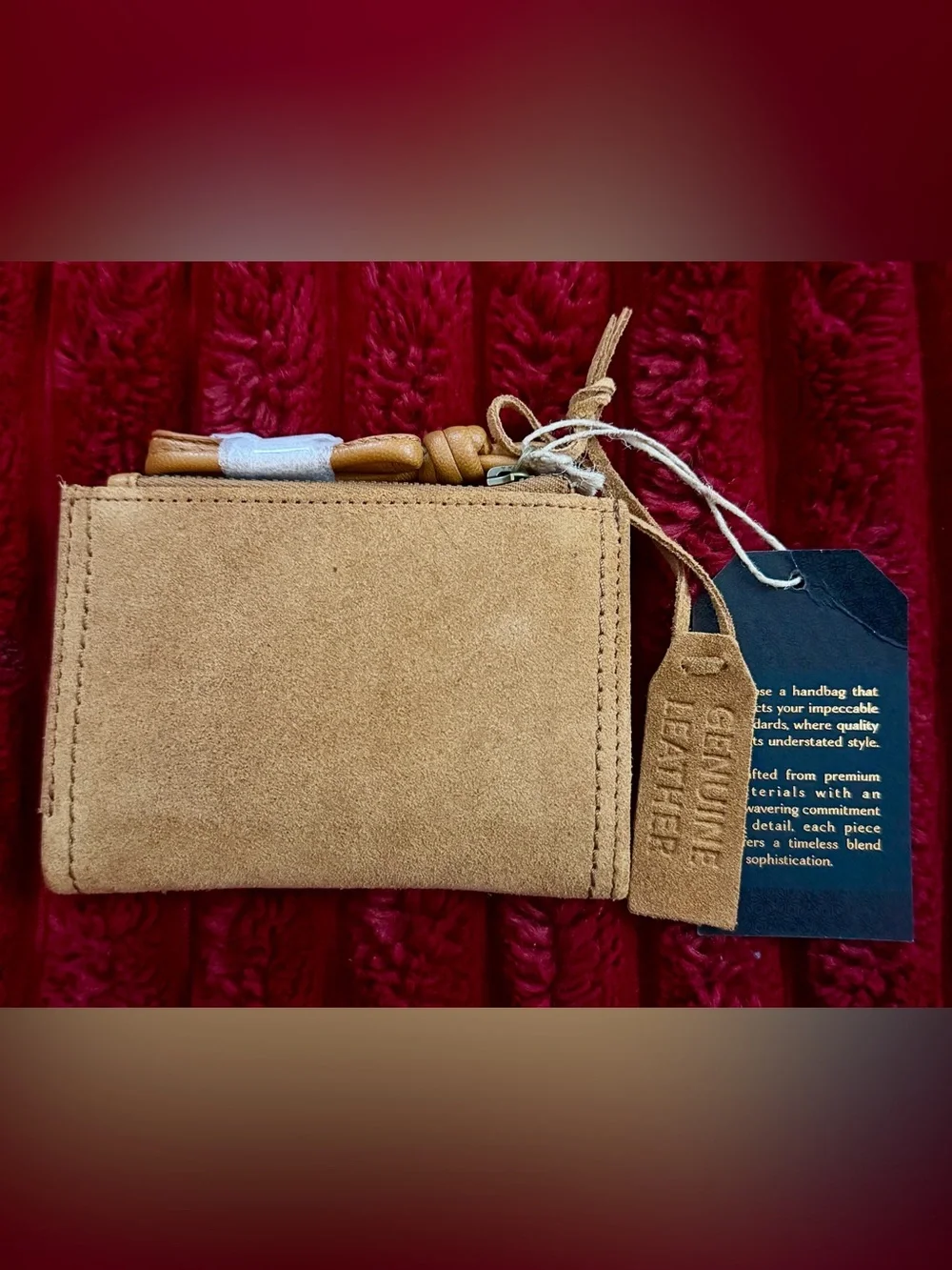 Genuine Suede Tan Wristlet Clutch with Knotted Strap